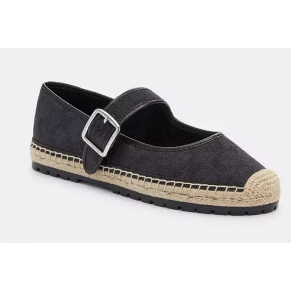 COACH‎ Courtney Mary Jane Black Espadrille Flats 8.5 In Signature Canvas